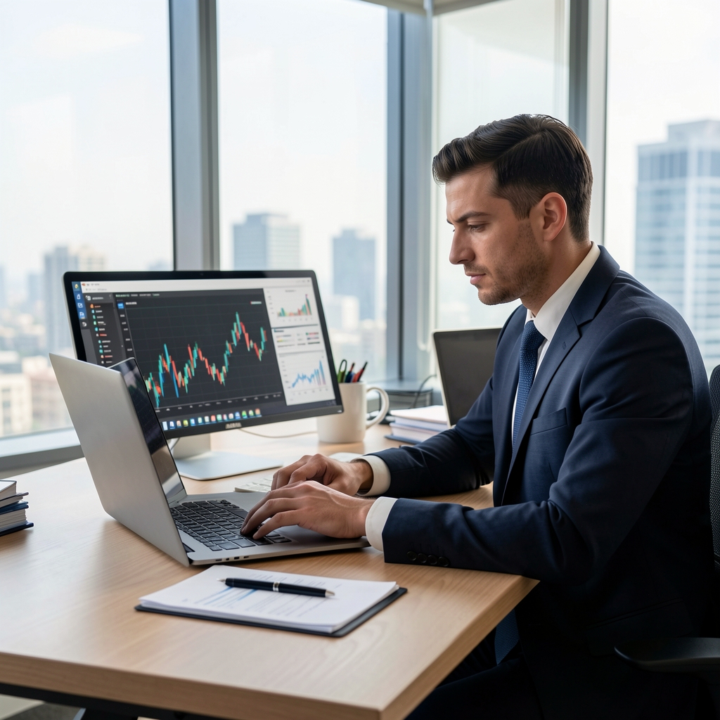 Risk yönetimi çerçevesini gösteren şema üzerinde çalışan finans analisti masası