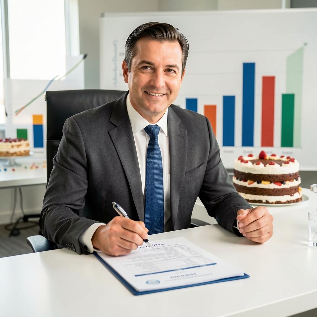 Beyaz tahta önünde finansal bütçe planını sunan iş insanı, arka planda pasta ve çubuk grafikler