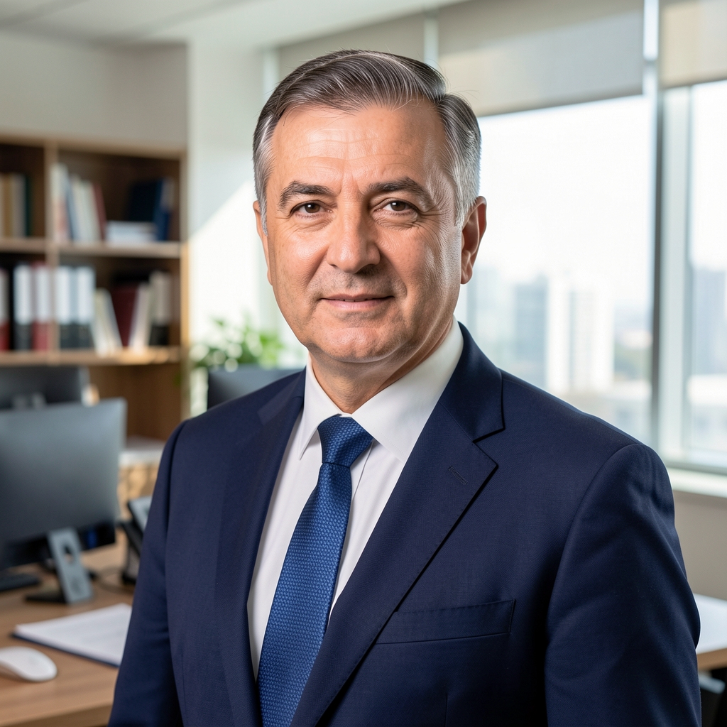 Kırklı yaşlarında profesyonel Türk erkek muhasebe uzmanı takım elbiseli, ofis arka planı