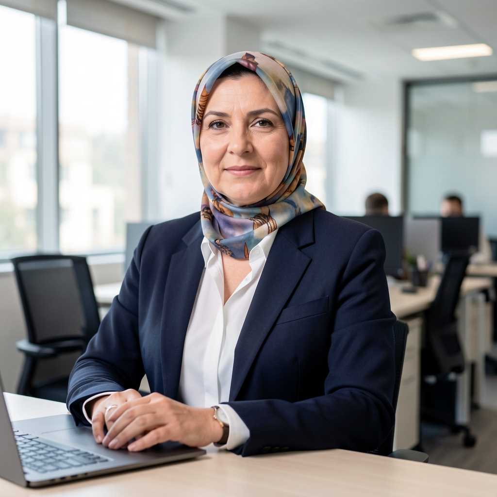 Otuzlu yaşlarda başörtülü Türk kadın finansal analist profesyonel iş kıyafeti ofis ortamı