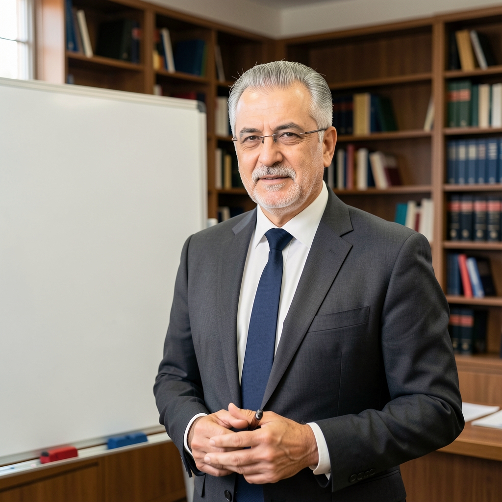 Ellili yaşlarında deneyimli Türk erkek finans profesörü akademik ortamda beyaz tahta önünde
