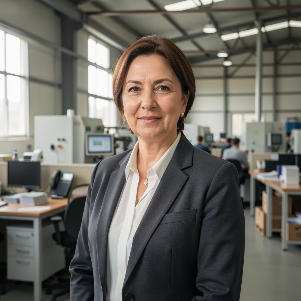 Kırklı yaşlarında Türk kadın maliyet muhasebesi uzmanı fabrika ofisi arka plan endüstriyel