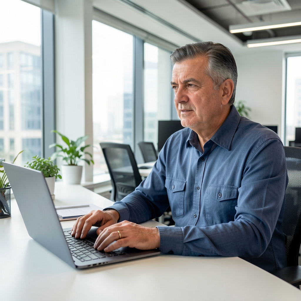 Otuzlu yaşlarında Türk erkek bilişim ve dijital muhasebe uzmanı laptop başında modern ofis ortamı