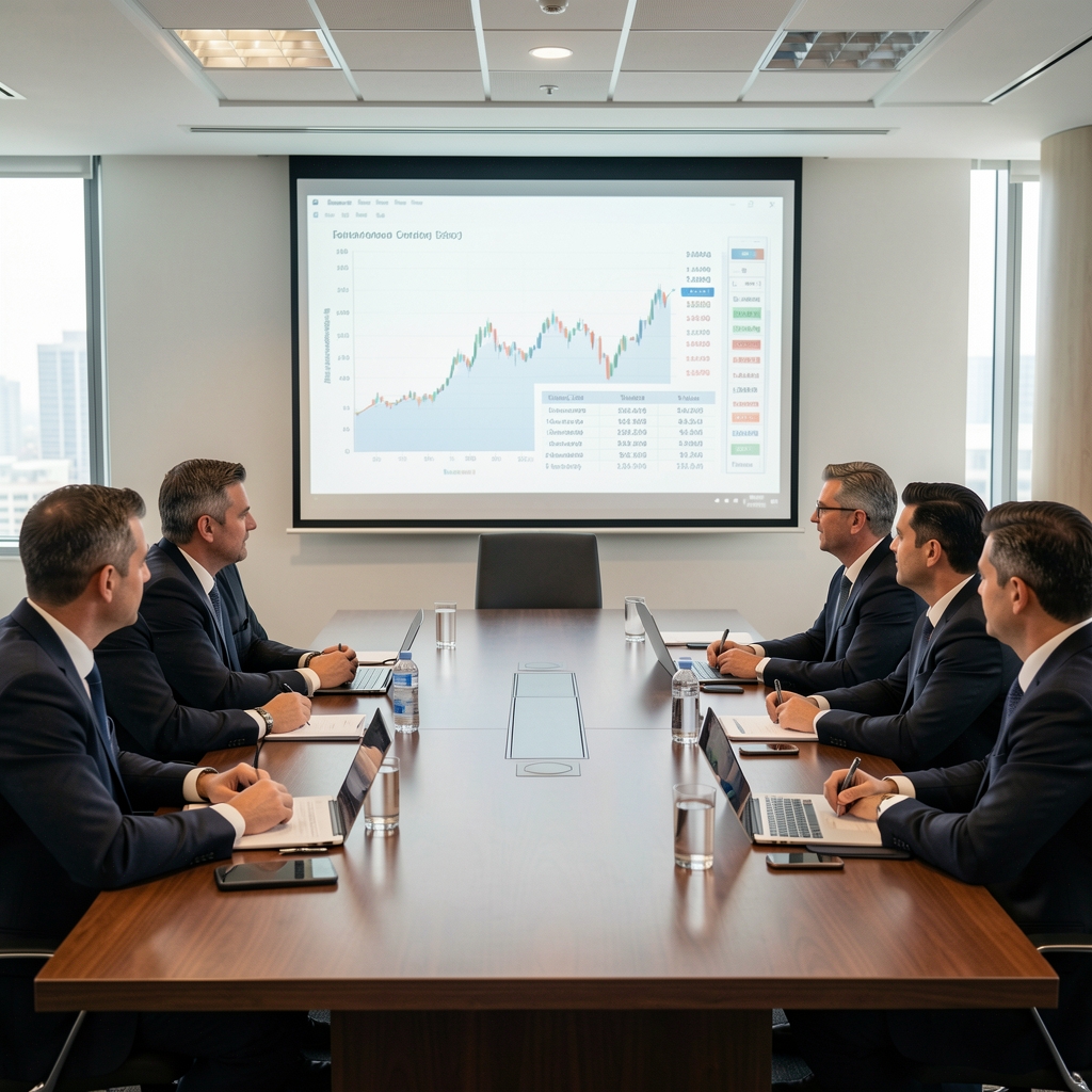 Boardroom masasında finansal rapor sunumu yapan iş adamları, projeksiyon ekranında grafik ve tablolar görünüyor