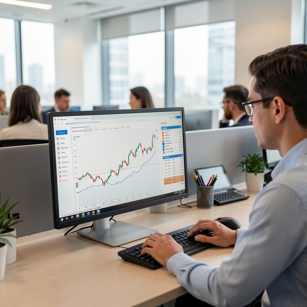 Modern ofis ortamında finansal analiz yapan profesyonellerin bilgisayar ekranında grafik ve tablo incelemeleri
