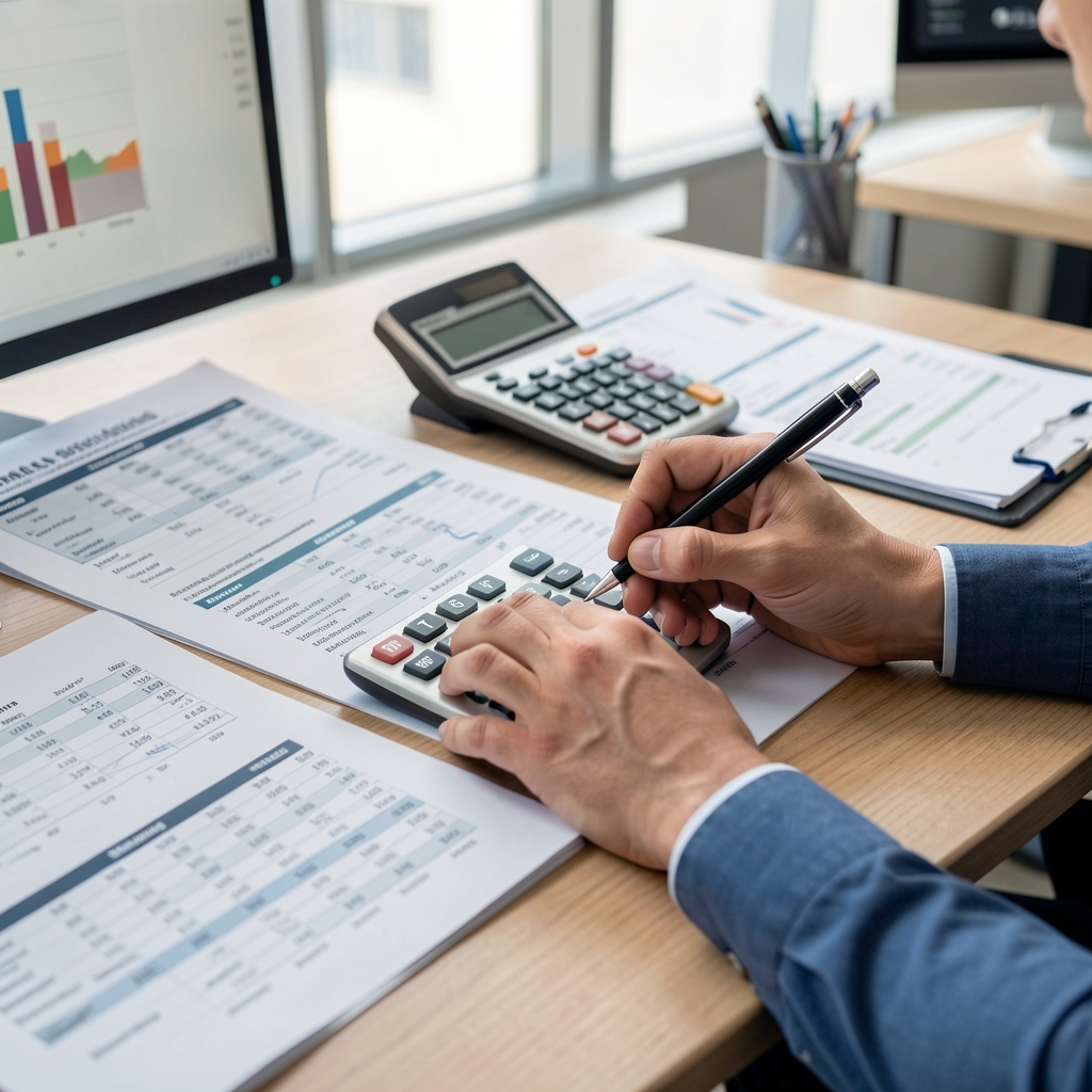Ofis masasında açık finansal tablolar, hesap makinesi ve kalemle çalışan muhasebeci elleri yakın plan