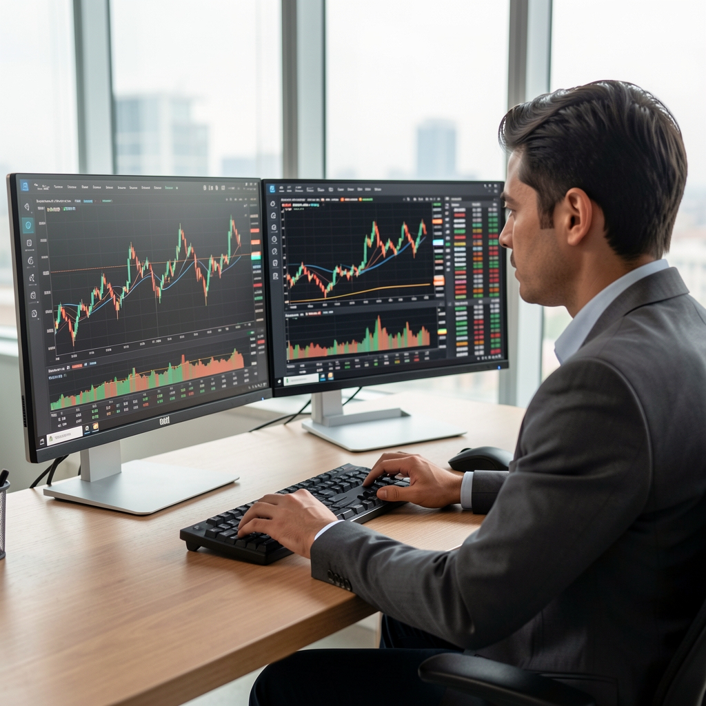 İki monitörlü trader masasında hisse senedi grafikleri ve finansal veriler analiz eden yatırım analisti